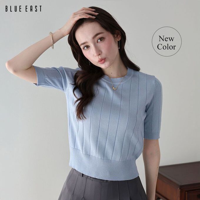 日本 BLUE EAST - 羅紋彈性薄針織五分袖上衣-薄荷綠