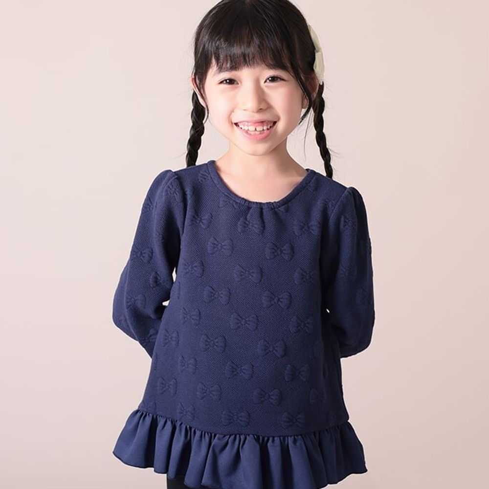 日本 TORIDORY - 立體蝴蝶結造型荷葉衣襬長T-深藍