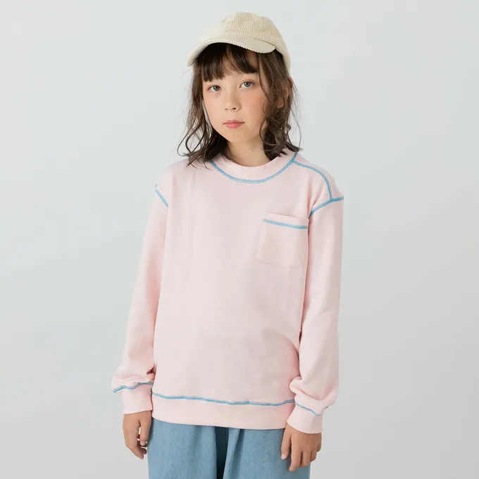 日本 Chil2 - 配色縫線簡約裏毛長袖上衣-燕麥灰x橘線