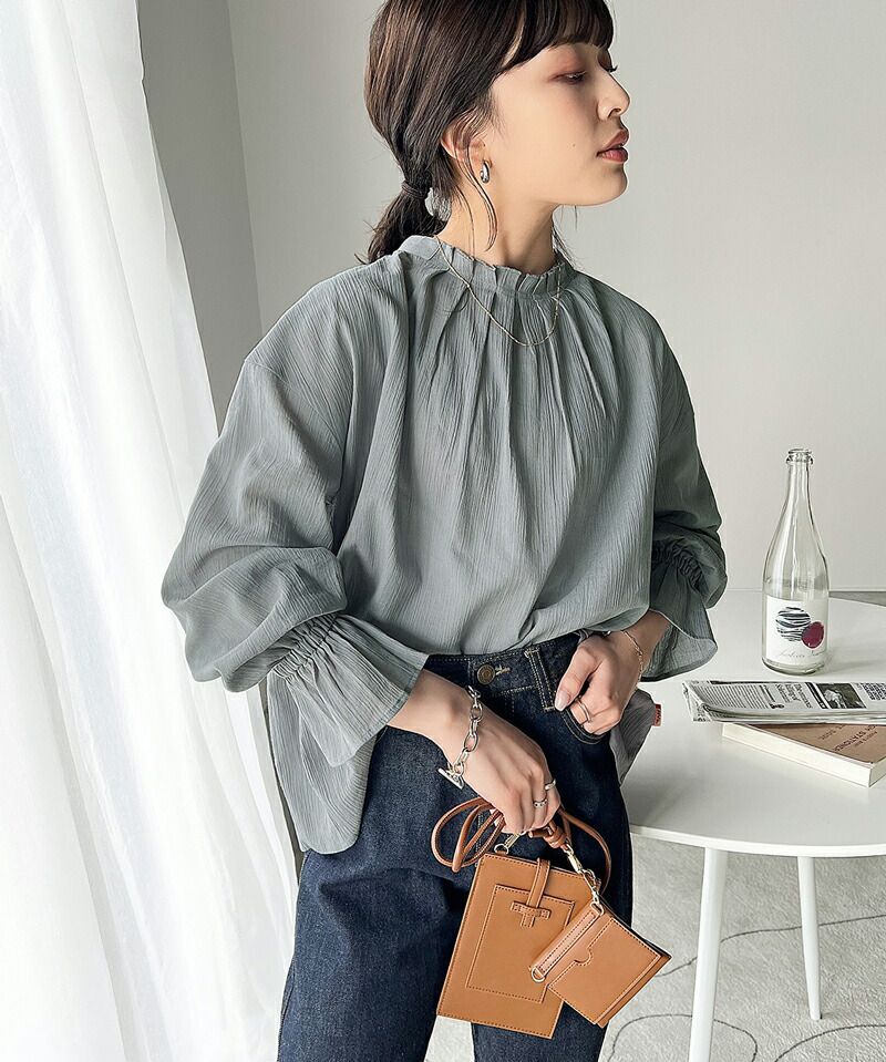 日本 Classical Elf - 慵懶2WAY皺縮木耳領長袖上衣-冰河藍