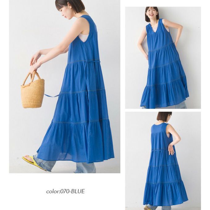 日本 OMNES - 100%印度棉 巴里紗分層V領無袖洋裝-咖啡