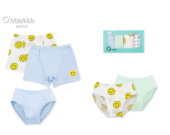 韓國 Maykids - (4入組)男寶無螢光棉親膚三角褲-微笑臉-白X綠X藍X灰