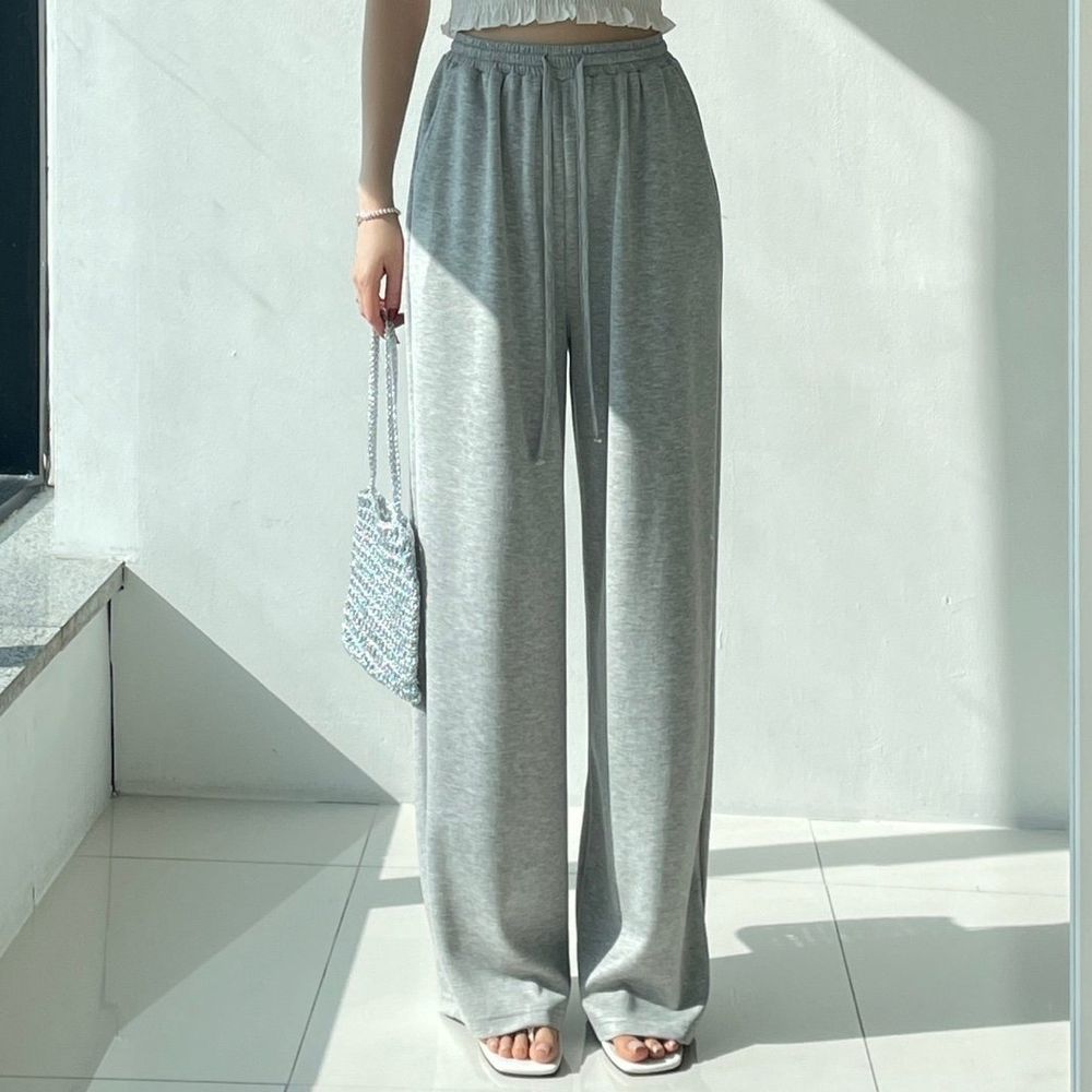 Howluk 鬆緊腰自然垂墜輕柔休閒長腿褲-淺灰 (FREE)