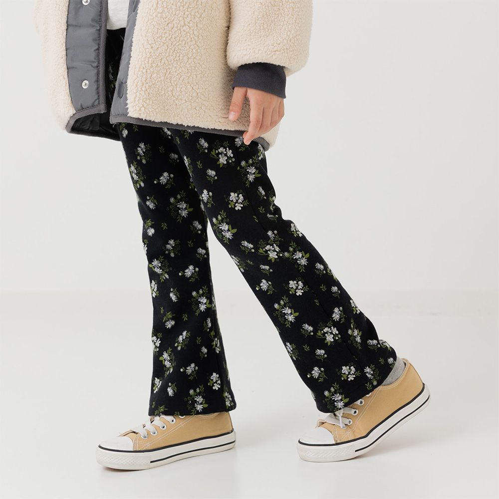 保暖內刷毛微喇叭彈力長褲-花朵-黑