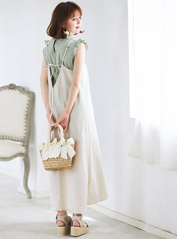 日本 GRL - 荷葉袖無袖上衣 X 細肩帶吊帶裙套裝-淺綠X米白