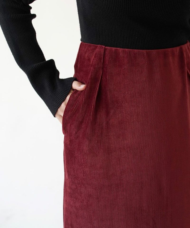 日本 zootie - 燈芯絨絲滑光澤感鉛筆窄裙-酒紅