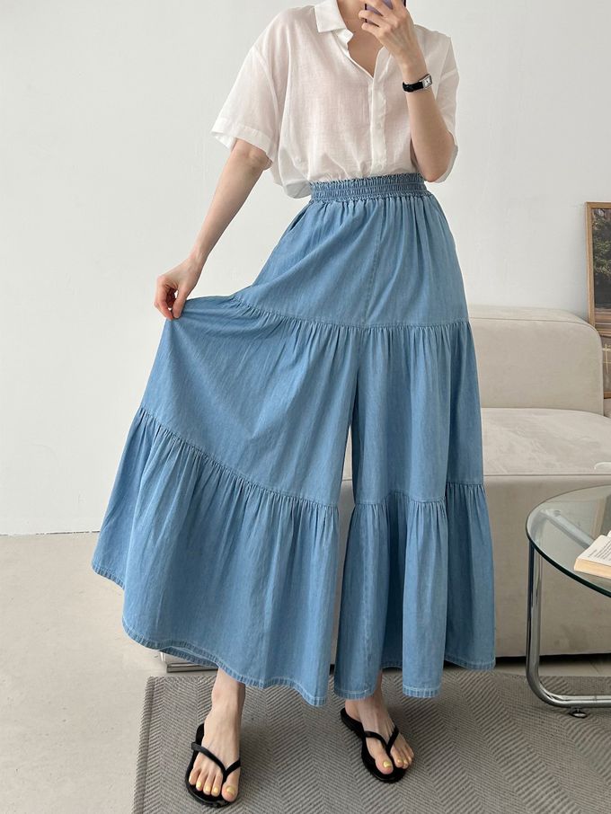 韓國女裝連線 - 鬆緊腰薄丹寧蛋糕長寬褲-中青 (FREE)