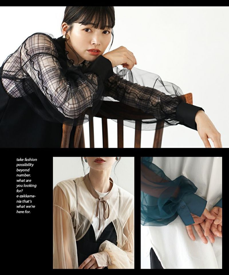 日本 zootie - 優雅透明薄紗綁帶長袖上衣-黑