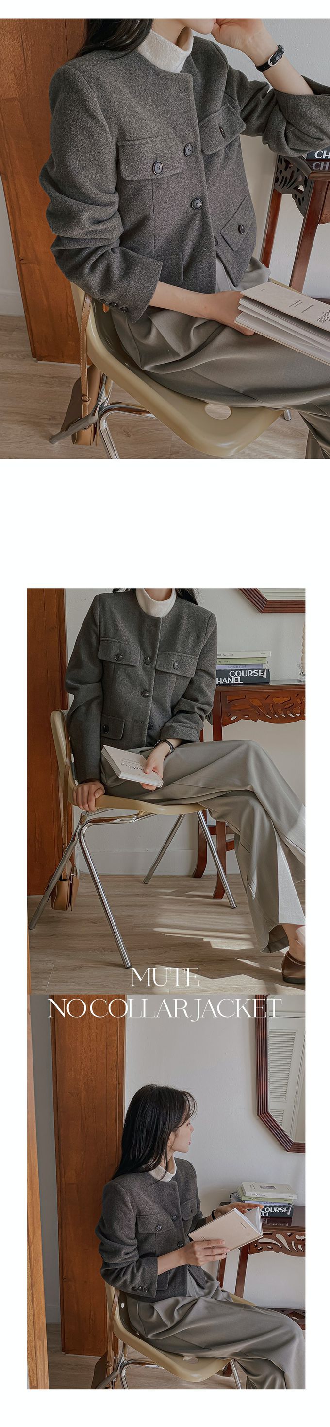 韓國 Urbantheroom - 高質感排釦無領短版夾克-卡其灰 (Free)