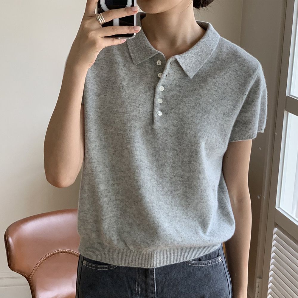 翻領小釦羊毛混織短袖上衣-淺灰 (FREE)