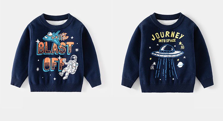 WELLKIDS - 薄絨圓領保暖長袖上衣/大學T-太空人-深藍色