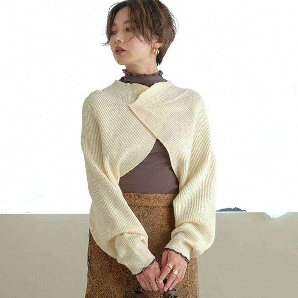日本 Bou Jeloud - 高衩設計長袖針織上衣-米