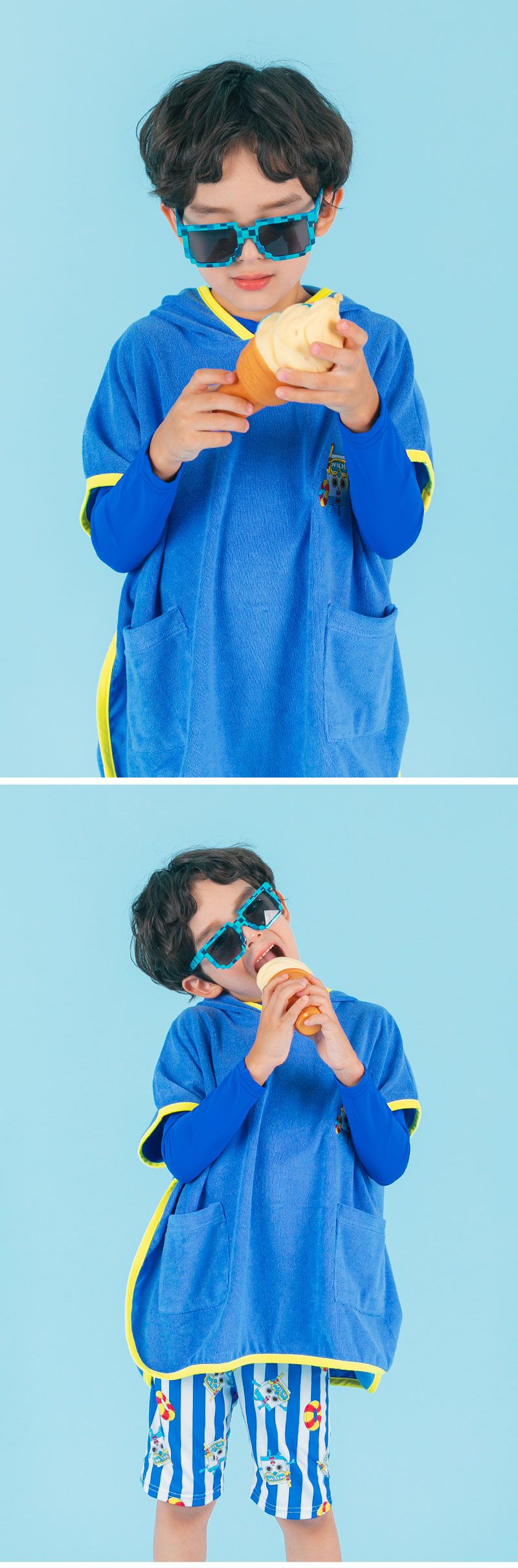 韓國 OZKIZ - 長袖兒童泳裝-三件組-布萊德理髮廳-藍