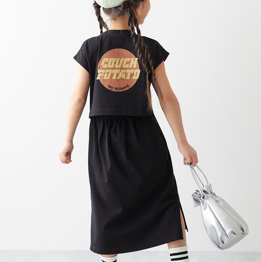 背後開口美式印花短袖洋裝-黑