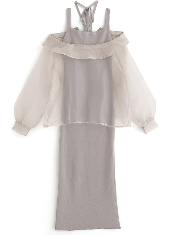 日本 GRL - 浪漫透膚吊帶針織兩件式洋裝-淺灰棕