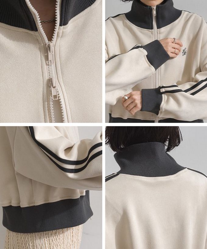 日本 ELENCARE DUE - 麂皮短絨休閒配色運動風夾克-象牙米