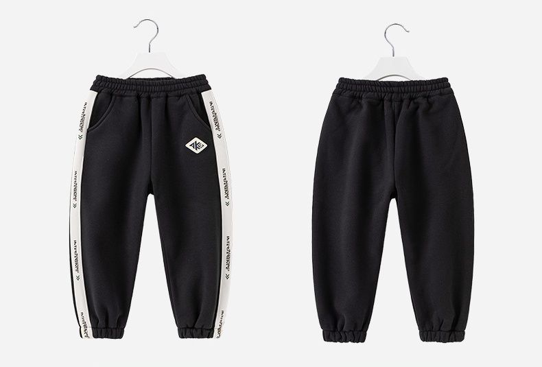 加絨腰鬆緊休閒保暖束口長褲-側邊幾何亂碼-黑色