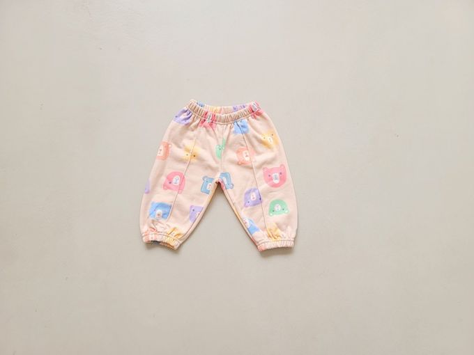 韓國 Mimico - 鬆緊腰多彩熊熊休閒縮口褲-橘膚