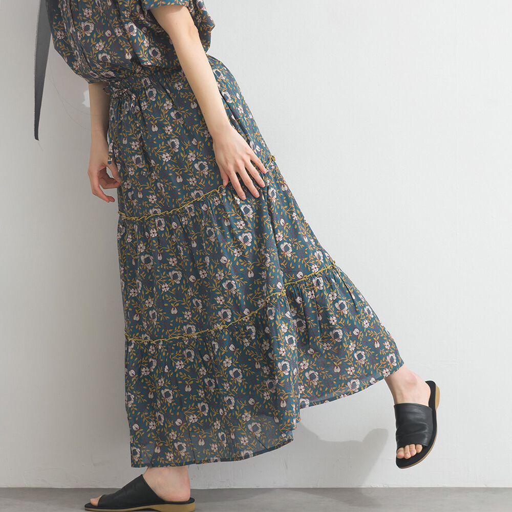 100%印度棉 華奢滿版印花分層長裙-綠系