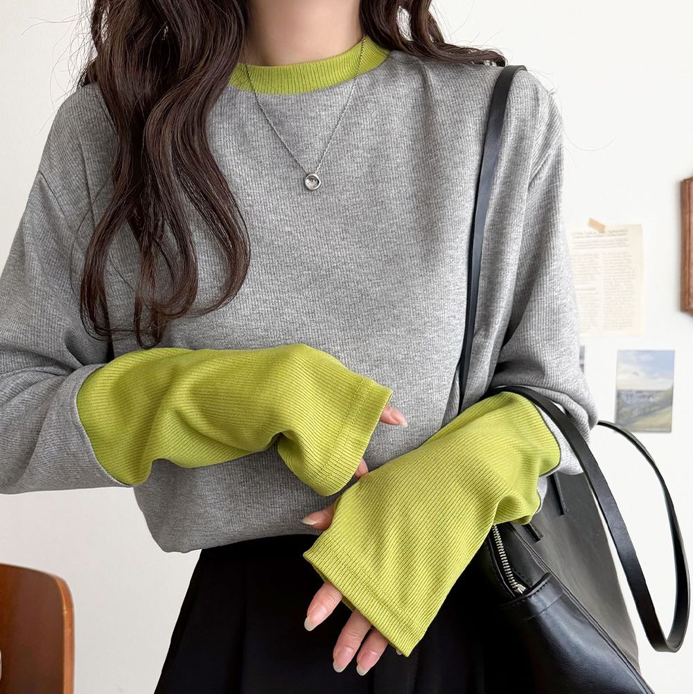 時尚配色袖羅紋長袖上衣(指孔設計)-淺灰x芥末