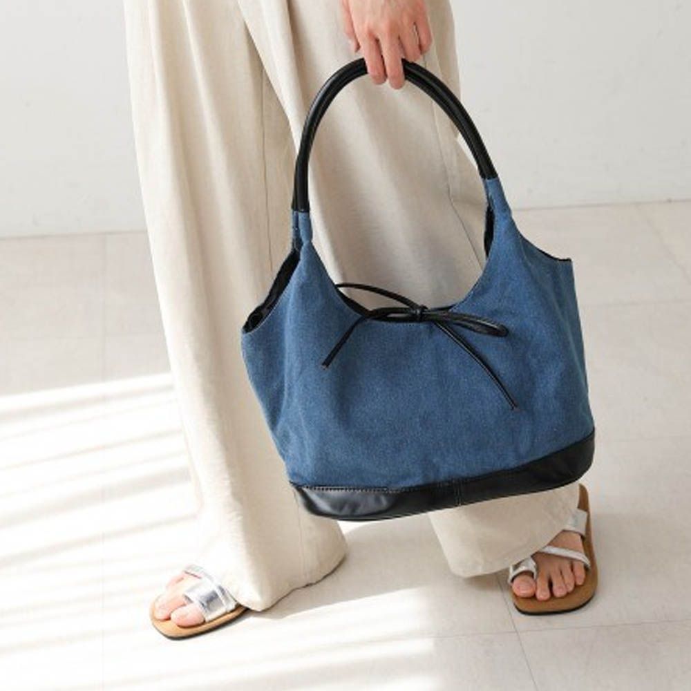 異素材成熟感蝴蝶結氣質手提包-藍x黑