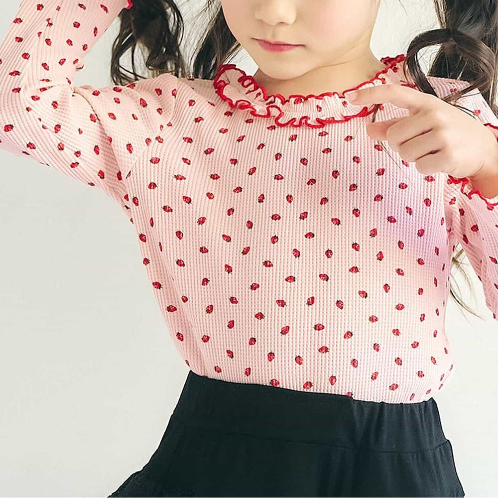 荷葉木耳領華夫格薄長袖上衣-草莓-粉紅