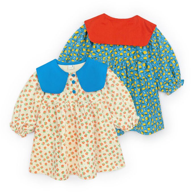 韓國 Pimpollo - 滿版花紋撞色翻領連身洋裝-藍