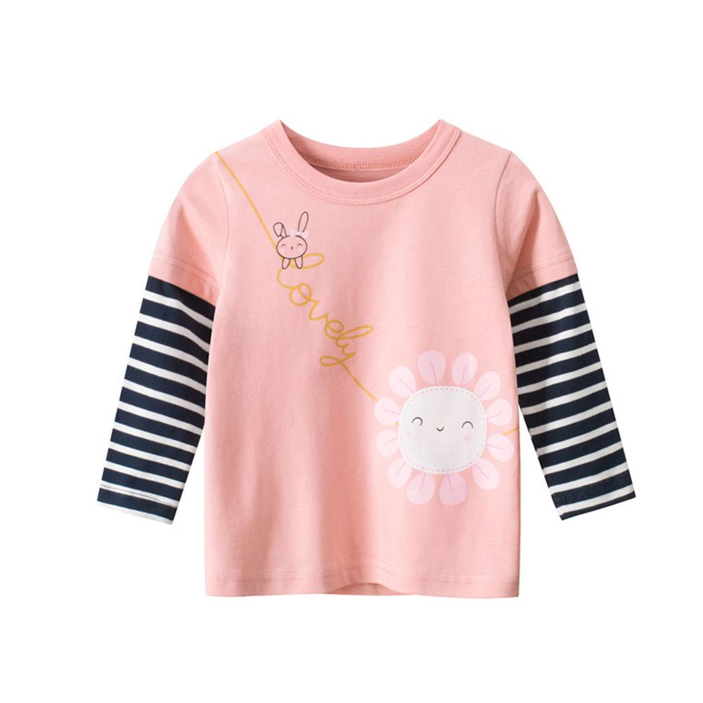 純棉長袖上衣-小兔與太陽花-粉色