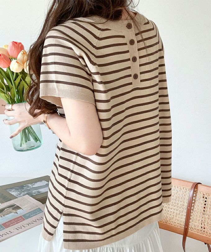 日本 Classical Elf - 定番條紋2way亨利領短袖上衣-炭灰