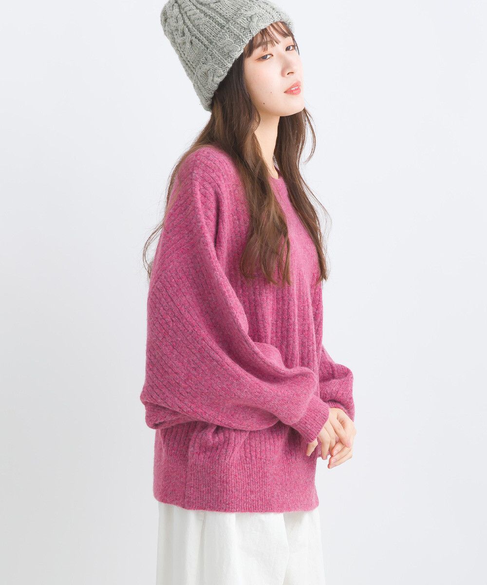 日本女裝代購 - 大寬袖圓領混色針織上衣-米黃