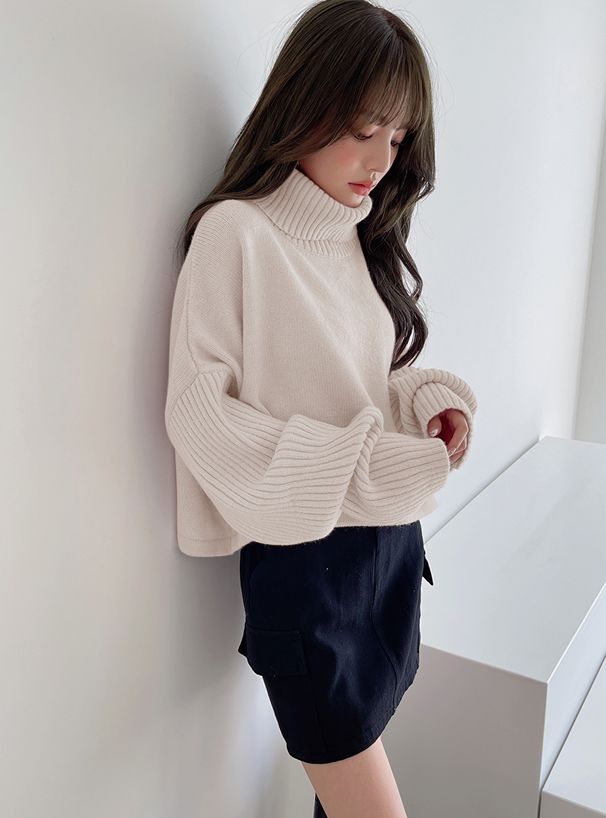 日本 GRL - 雜誌揭載 高領短版針織毛衣-奶油杏 (F)