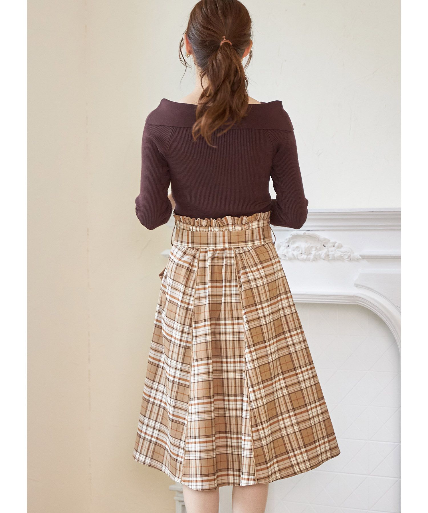 日本 tocco-closet - 蝴蝶紐結格紋修身長裙-簡約黑