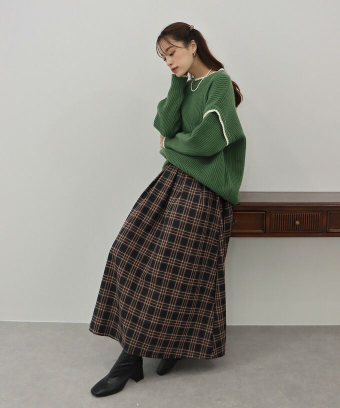 日本 BLUE EAST - 文藝細緻格紋顯瘦長裙-綠黃黑
