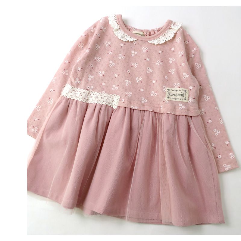 日本 ZOOLAND - 上下拼接長袖洋裝-小花薄紗-粉