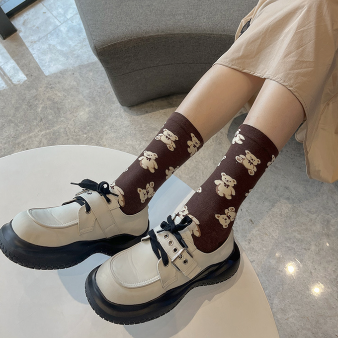 love, charlotte - 拿鐵小熊格子中筒棉襪 (XXL (22~24cm))-3 雙一組