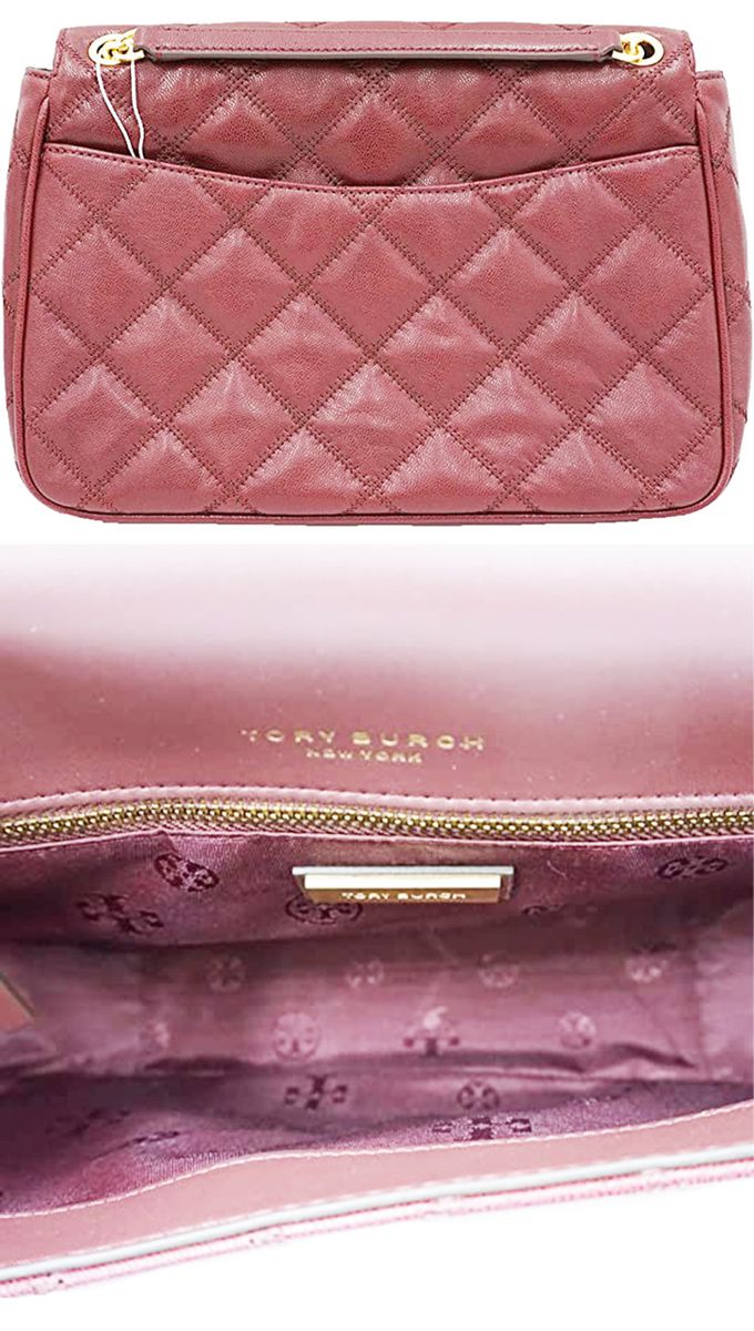 TORY BURCH - 菱格紋皮革翻蓋斜背鍊包 (珊瑚蜜桃色)