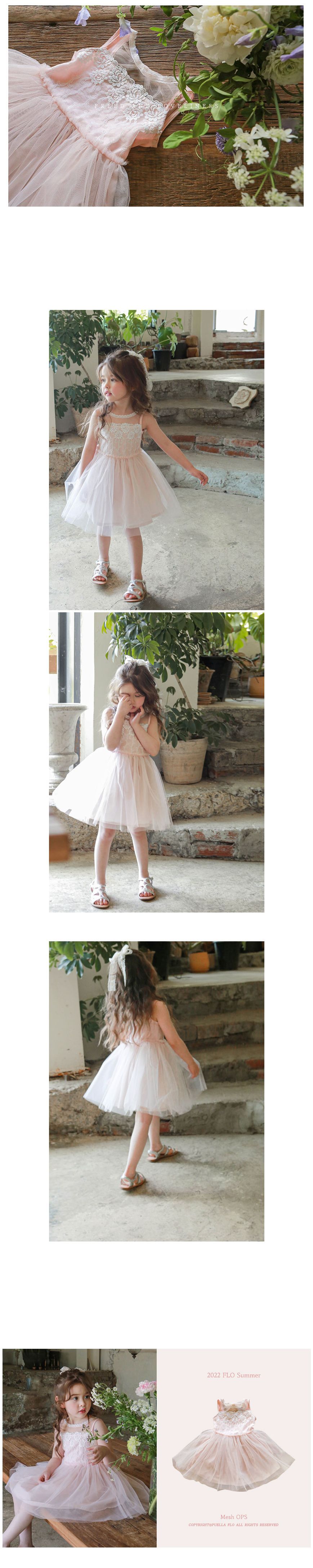 韓國 Puellaflo - 後背鏤空蝴蝶結華麗刺繡花朵網紗洋裝-淺粉紅