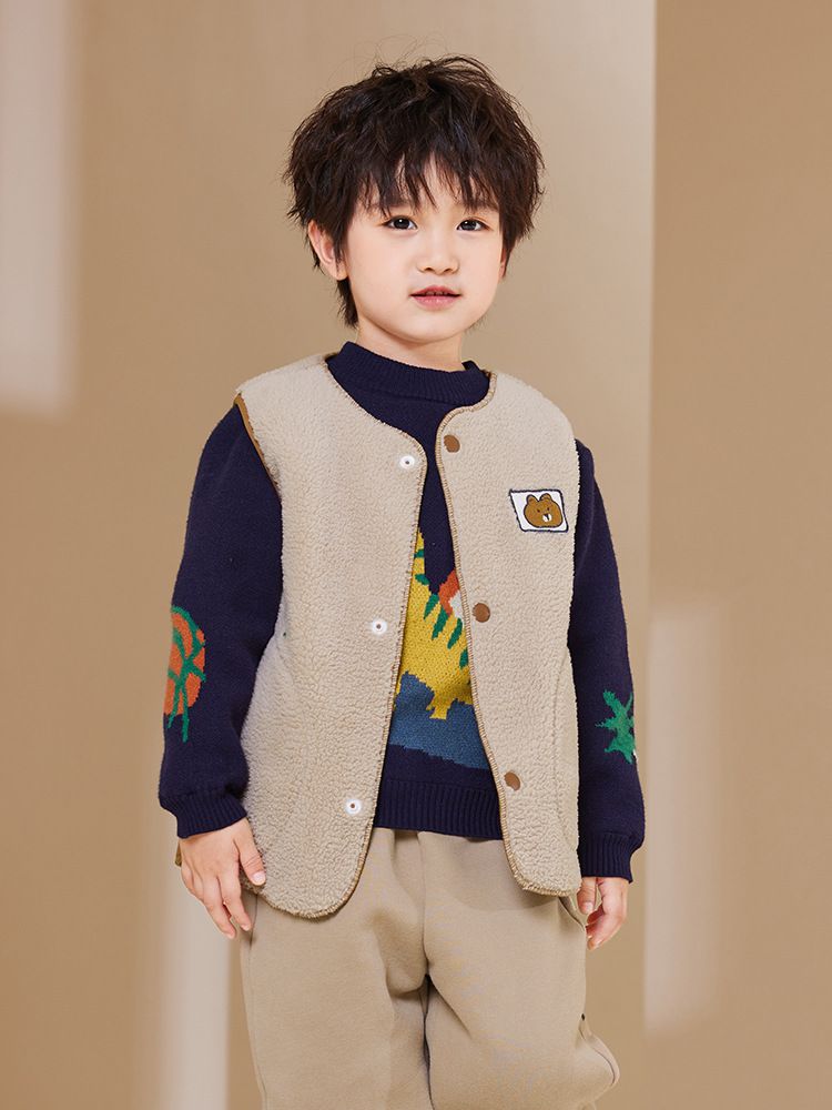 搖粒絨保暖兒童背心-恐龍-綠色