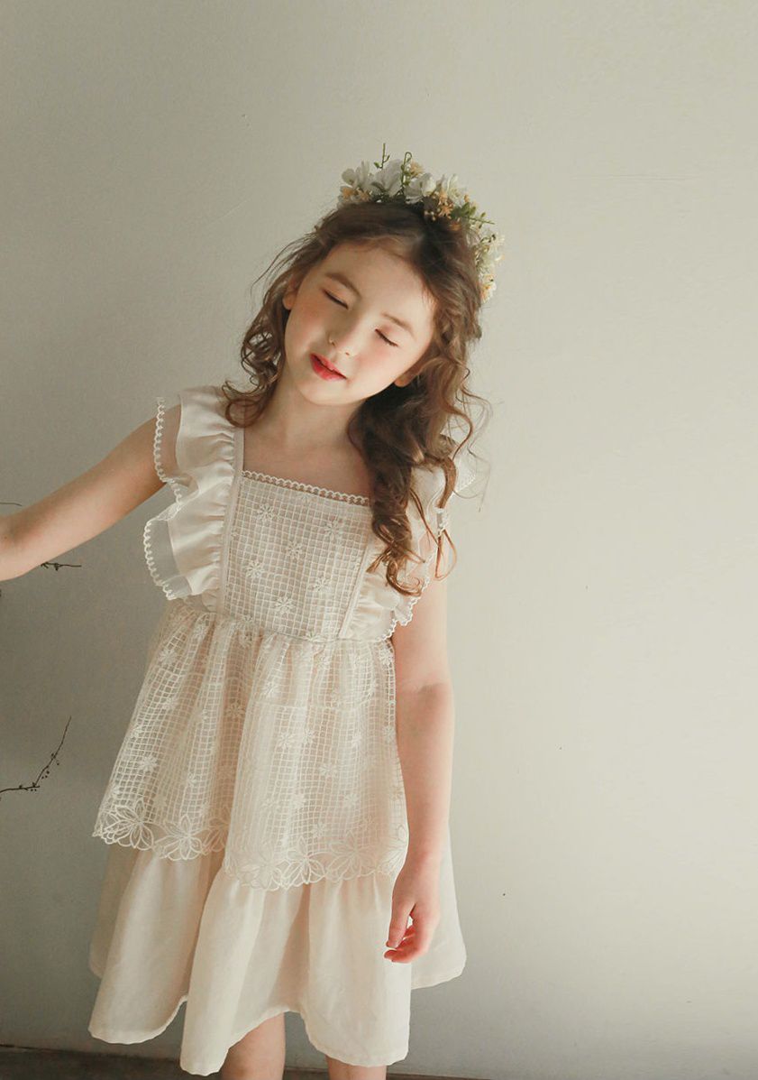韓國 PuellaFLO - 假兩件格子花朵圍裙洋裝-米白