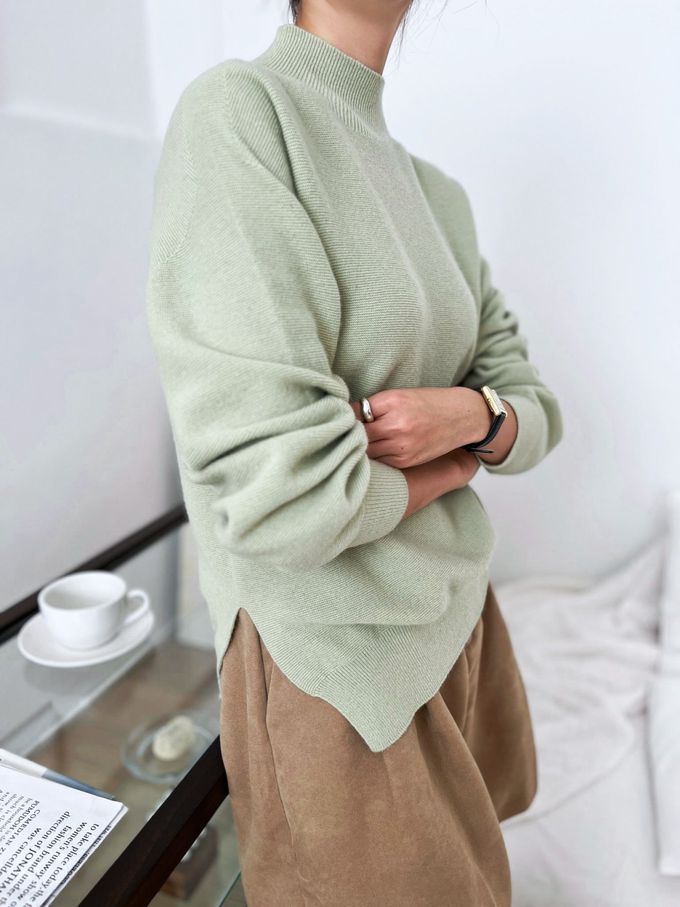 韓國女裝連線 - 斜角側開衩混羊毛針織長袖上衣-可可 (FREE)