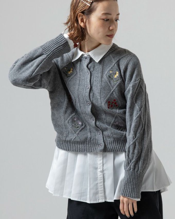 日本 gleam - 文藝風小花刺繡立體針織開襟衫-灰
