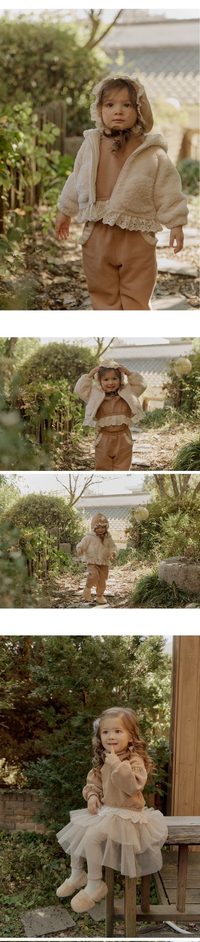 韓國 Puellaflo - 布花蕾絲點綴連帽上衣-棕