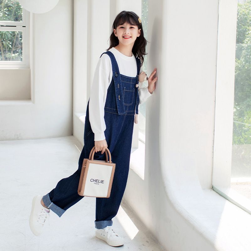 休閒牛仔寬鬆吊帶褲-小熊-綠色