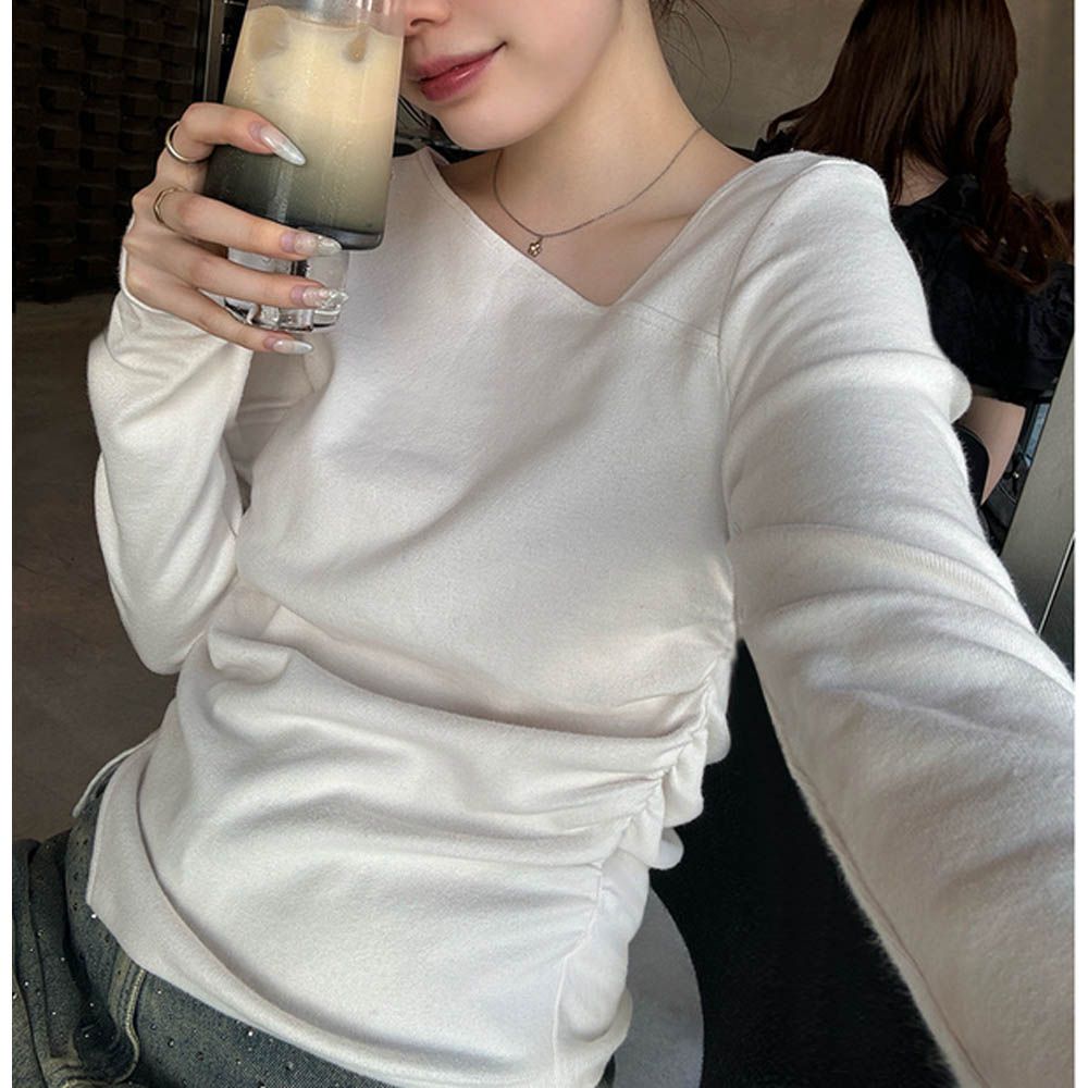 時尚斜切領側抽繩長袖上衣-象牙白 (F)