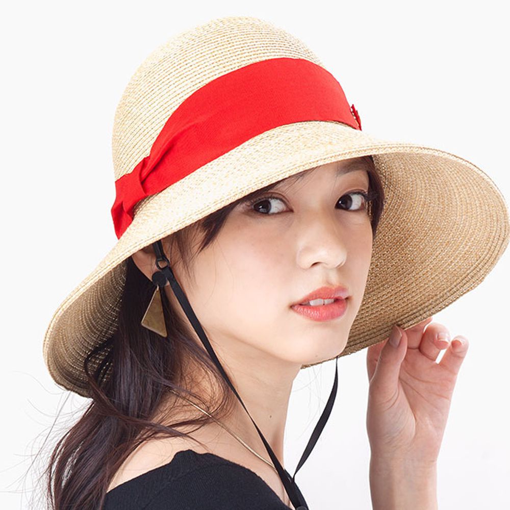 日本 irodori - 抗UV可捲收 大緞帶遮陽草帽(附防風帽帶)-杏x紅緞帶