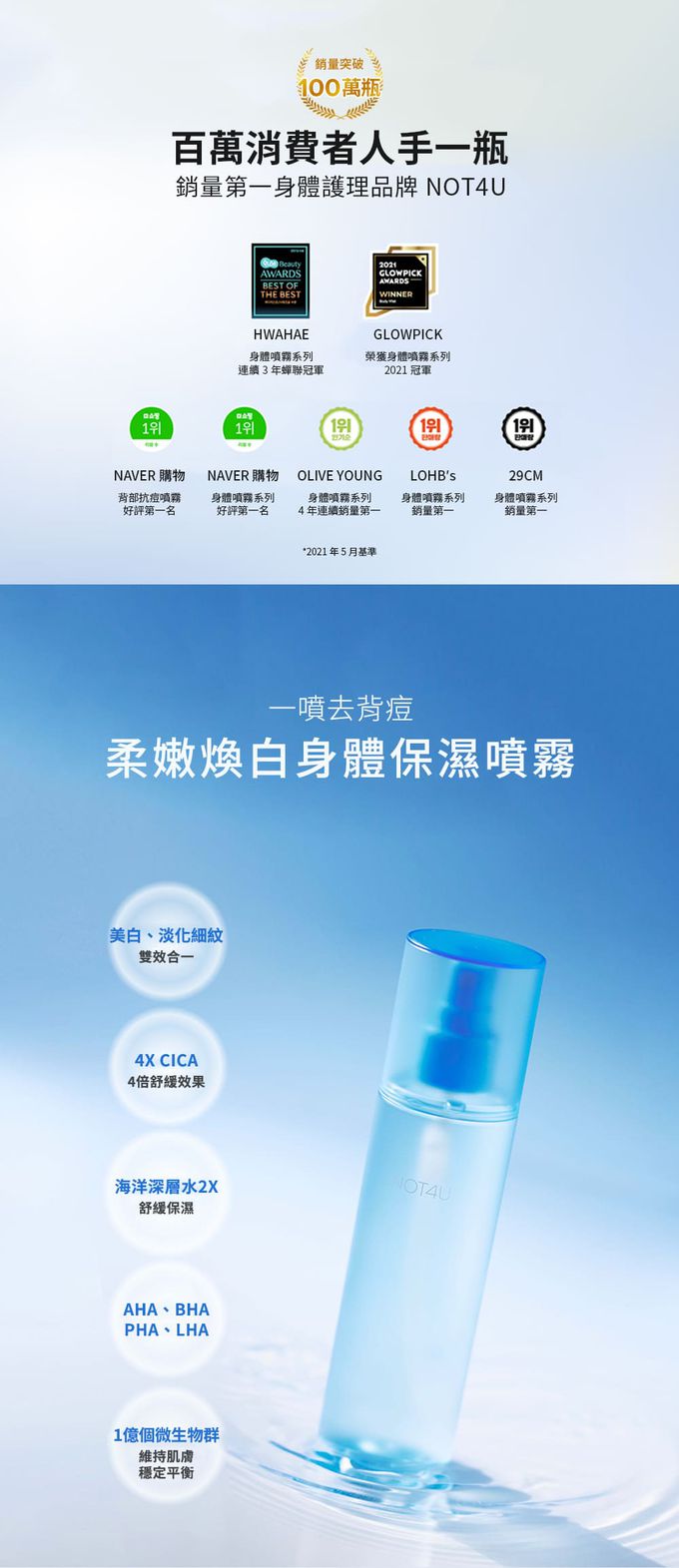 韓國 NOT4U - 柔嫩煥白身體保濕噴霧(背痘護理)-200ml