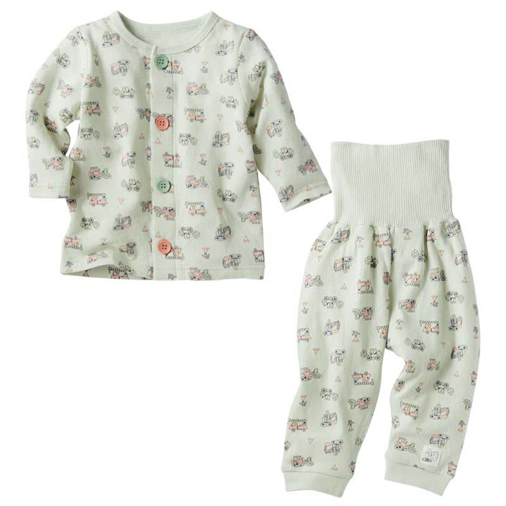 長袖家居服-穿衣練習 前開式 工程車-淺綠色