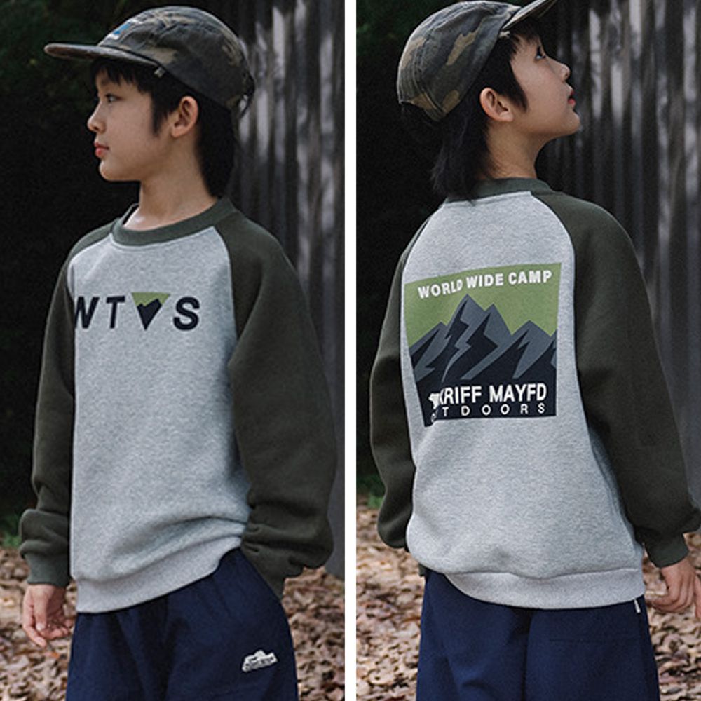 保暖加絨長袖上衣/大學T-山系印花-拼袖灰