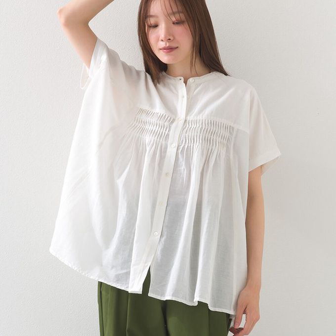 日本 OMNES - 100%印度棉 皺摺傘狀短袖襯衫-黑