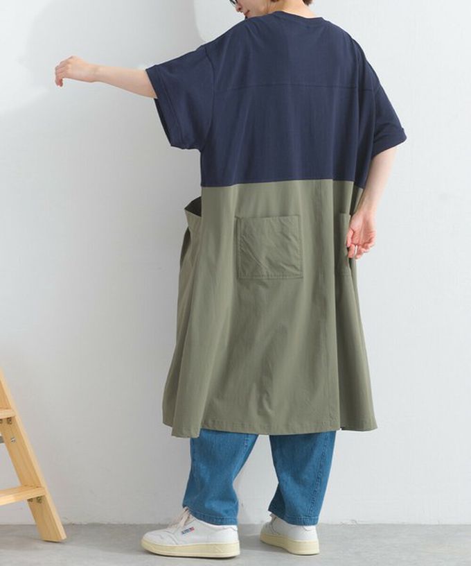 日本 Lupilien - 異素材撞色學院風俐落短袖洋裝-海軍藍